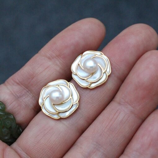 Petal Pearl studs Earring s923 silver|Unique floral pearl Earrings|Statement Pearl earring|Modern art deco stud|June Birthstone gift for her - Image 6