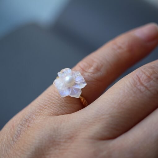 Natural Moonstone with Pearl Ring Women/Unique Moonstone rings/Tiny Petal Flower ring|Hand Carved Moonstone rings|Art deco moonstone ring - Image 7