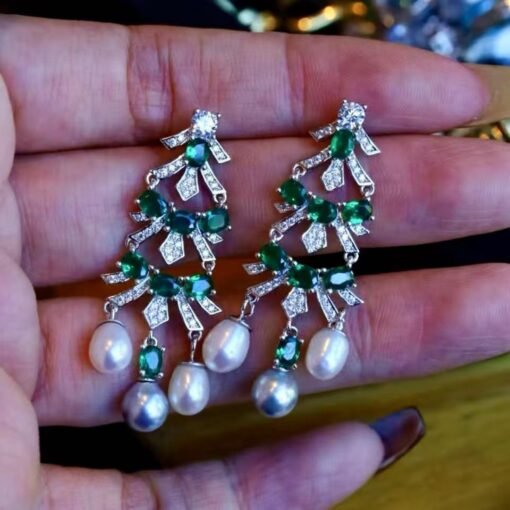 Unique christmas tree pearl stud earrings sterling silver|Real Pearl Studs Earrings|Art Deco Pearl Earrings Women|Charm Hand Carved Earrings - Image 6