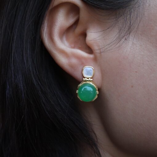Authentic Cabochon Green Chalcedony Stud Earring 925 Silver|Unique Floral Green Gemstone Studs/Natural Modern Green Gemstone Jewelry Women - Image 7