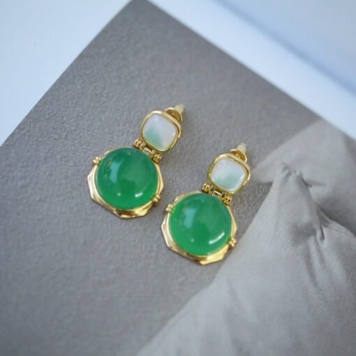 Authentic Cabochon Green Chalcedony Stud Earring 925 Silver|Unique Floral Green Gemstone Studs/Natural Modern Green Gemstone Jewelry Women