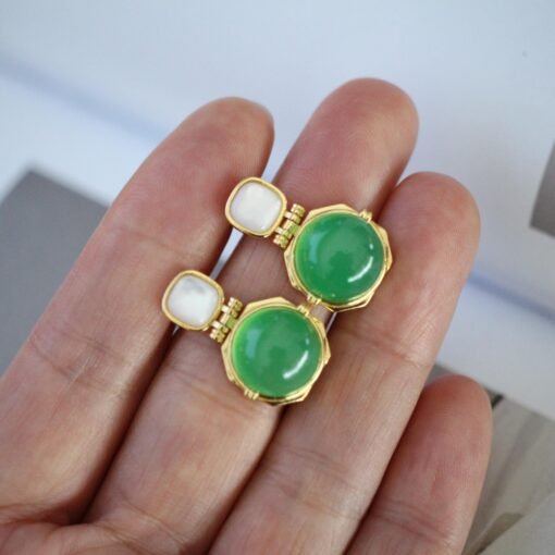 Authentic Cabochon Green Chalcedony Stud Earring 925 Silver|Unique Floral Green Gemstone Studs/Natural Modern Green Gemstone Jewelry Women - Image 8