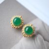 Natural Cabochon Green Chalcedony Stud Earring 925 Silver|Unique Green Zircon Bezel Studs/Handmade Real Vintage Green Gemstone Jewelry Women