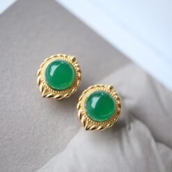 Natural Cabochon Green Chalcedony Stud Earring 925 Silver|Unique Green Zircon Bezel Studs/Handmade Real Vintage Green Gemstone Jewelry Women