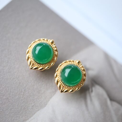 Natural Cabochon Green Chalcedony Stud Earring 925 Silver|Unique Green Zircon Bezel Studs/Handmade Real Vintage Green Gemstone Jewelry Women