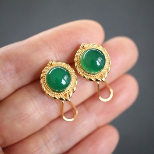 Natural Cabochon Green Chalcedony Stud Earring 925 Silver|Unique Green Zircon Bezel Studs/Handmade Real Vintage Green Gemstone Jewelry Women - Image 3