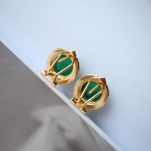 Natural Cabochon Green Chalcedony Stud Earring 925 Silver|Unique Green Zircon Bezel Studs/Handmade Real Vintage Green Gemstone Jewelry Women - Image 6