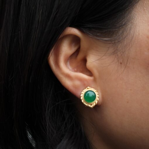 Natural Cabochon Green Chalcedony Stud Earring 925 Silver|Unique Green Zircon Bezel Studs/Handmade Real Vintage Green Gemstone Jewelry Women - Image 7