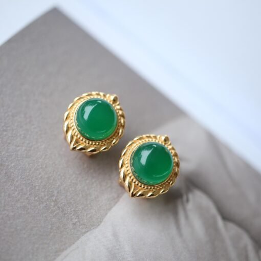 Natural Cabochon Green Chalcedony Stud Earring 925 Silver|Unique Green Zircon Bezel Studs/Handmade Real Vintage Green Gemstone Jewelry Women - Image 8