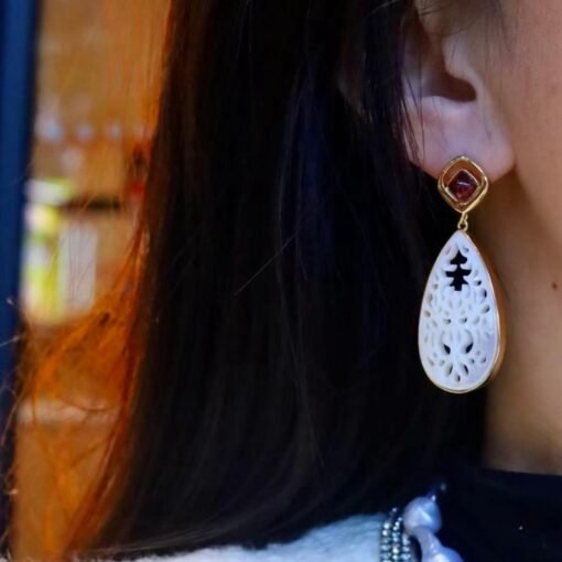 Unique Mother of Pearl With Silver Drop Earrings|Big white gemstone Earrings|Natural Mother of Pearl Stud Women|Handmade Statement Earring - Image 7