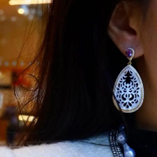Unique Mother of Pearl With Silver Drop Earrings|Big white gemstone Earrings|Natural Mother of Pearl Stud Women|Handmade Statement Earring - Image 4