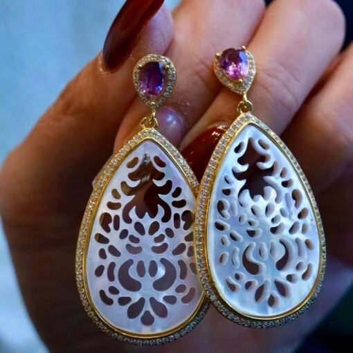 Unique Mother of Pearl With Silver Drop Earrings|Big white gemstone Earrings|Natural Mother of Pearl Stud Women|Handmade Statement Earring - Image 3