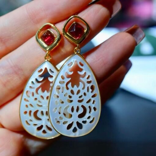Unique Mother of Pearl With Silver Drop Earrings|Big white gemstone Earrings|Natural Mother of Pearl Stud Women|Handmade Statement Earring - Image 6