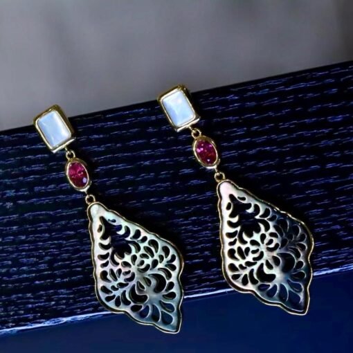 Natural Mabe Pearl Earrings with Garnet s925 Silver|Unique Vintage Mabe Pearl Jewelry|Statement Pearl Earrings|Perfect Wedding Earring - Image 2