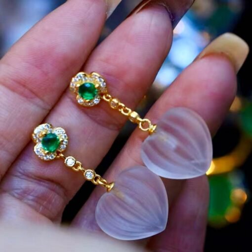 Natural Quartz with Green zircon Teardrop Earrings silver/Unique Chunky Quartz Drop Earrings Women/Art Deco Vintage Quartz Earrings Gold - Image 3