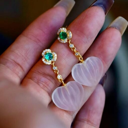 Natural Quartz with Green zircon Teardrop Earrings silver/Unique Chunky Quartz Drop Earrings Women/Art Deco Vintage Quartz Earrings Gold