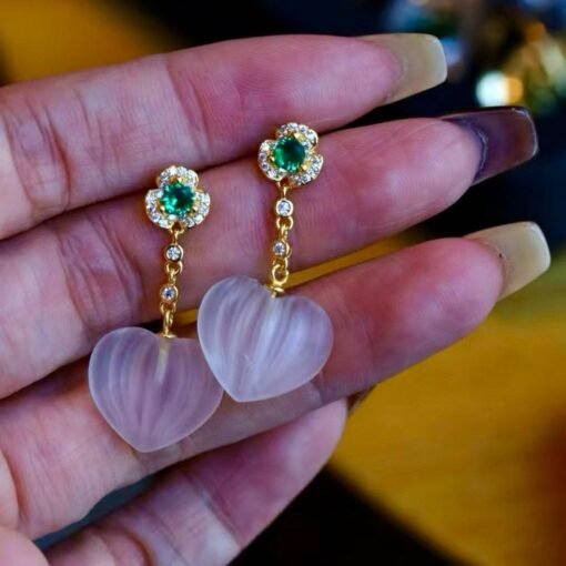 Natural Quartz with Green zircon Teardrop Earrings silver/Unique Chunky Quartz Drop Earrings Women/Art Deco Vintage Quartz Earrings Gold - Image 5