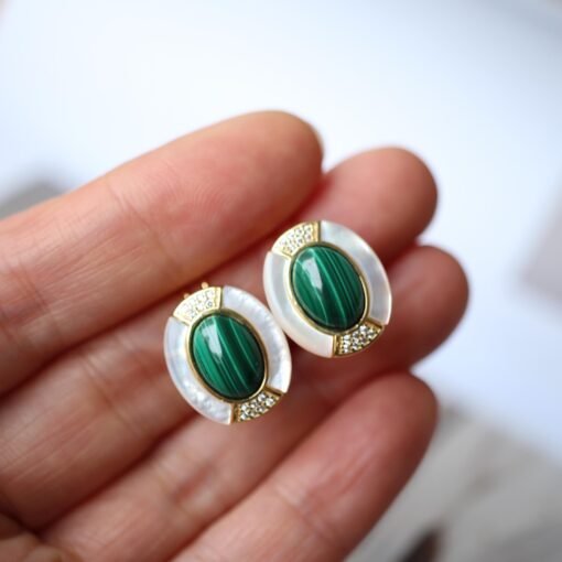 Natural Malachite Studs Earrings With silver|Malachite Jewelry|Statement Green Studs Earring|Vintage malachite studs|Handmade malachite stud - Image 2