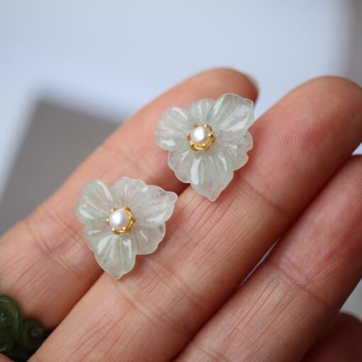 Natural Green Jade Stud Earrings withPearl/Hand-carved Jade Flower Stud Earrings| Everyday Minimalist Earrings|Handmade Dainty Stud Earrings - Image 2