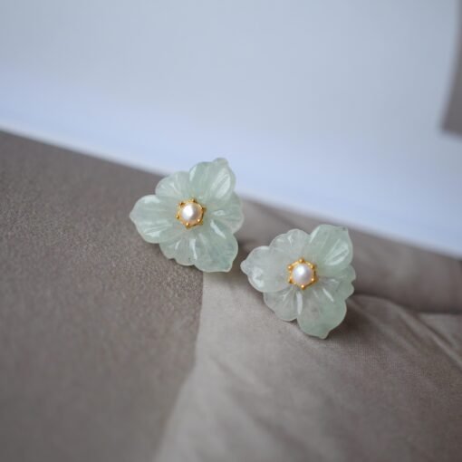 Natural Green Jade Stud Earrings withPearl/Hand-carved Jade Flower Stud Earrings| Everyday Minimalist Earrings|Handmade Dainty Stud Earrings - Image 3