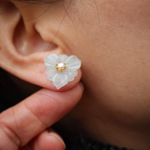 Natural Green Jade Stud Earrings withPearl/Hand-carved Jade Flower Stud Earrings| Everyday Minimalist Earrings|Handmade Dainty Stud Earrings - Image 4