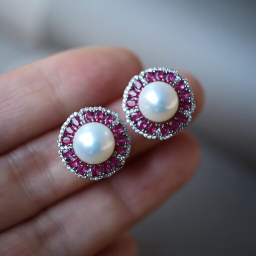Natural Fresh Water Pearl Earrings in 925 silver with lab ruby halo-Silver pearl studs-Hemisphere silver pearl/Affordable silver earrings - Image 2