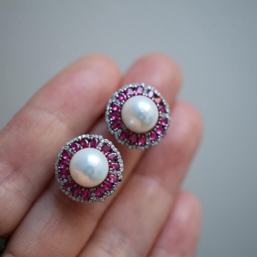 Natural Fresh Water Pearl Earrings in 925 silver with lab ruby halo-Silver pearl studs-Hemisphere silver pearl/Affordable silver earrings - Image 7