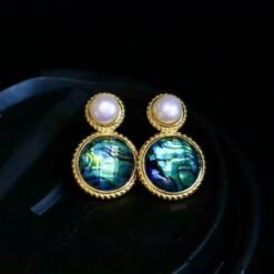 Natural Pearl with Abalone stud Earrings Silver|Unique Art Deco pearl earrings|handmade Vintage Pearl studs Women|Christmas Gift For Her