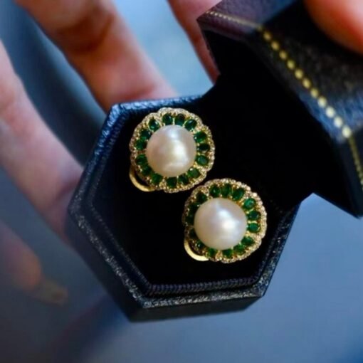 Natural Pearl Stud Earrings in 925 silver with Green Zircon halo-Silver pearl studs-Statement Wedding pearl Earring Women/9mm pearl Stud - Image 3