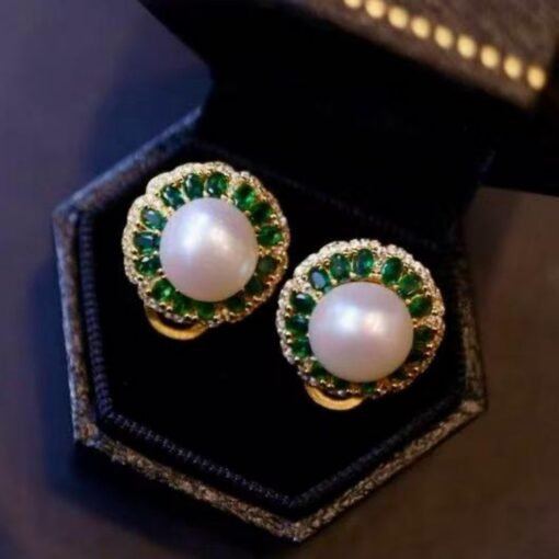 Natural Pearl Stud Earrings in 925 silver with Green Zircon halo-Silver pearl studs-Statement Wedding pearl Earring Women/9mm pearl Stud - Image 6
