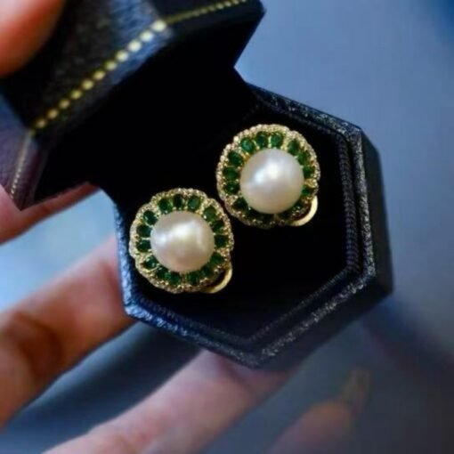 Natural Pearl Stud Earrings in 925 silver with Green Zircon halo-Silver pearl studs-Statement Wedding pearl Earring Women/9mm pearl Stud - Image 5