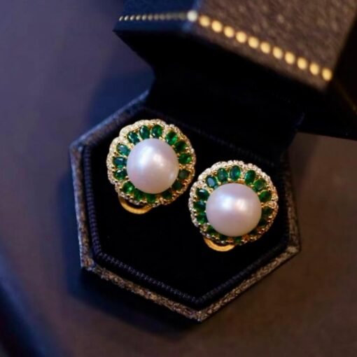 Natural Pearl Stud Earrings in 925 silver with Green Zircon halo-Silver pearl studs-Statement Wedding pearl Earring Women/9mm pearl Stud - Image 8