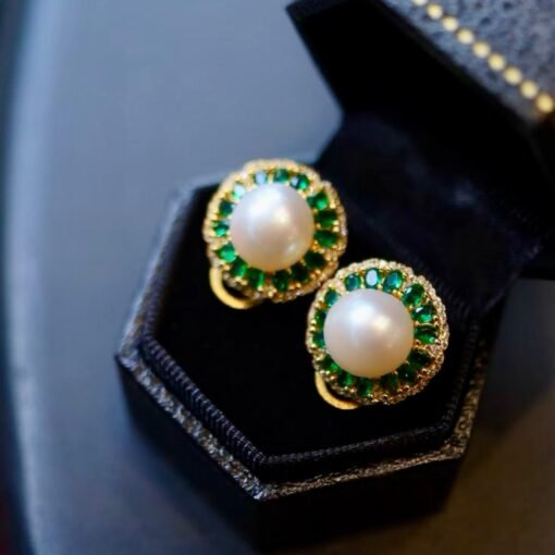 Natural Pearl Stud Earrings in 925 silver with Green Zircon halo-Silver pearl studs-Statement Wedding pearl Earring Women/9mm pearl Stud - Image 7