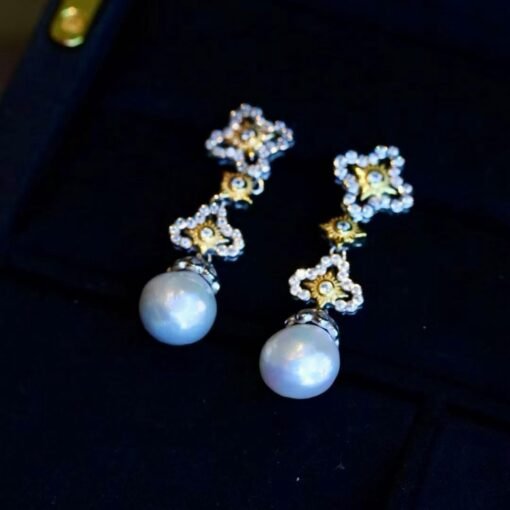 Natural pearl with zircon drop earrings sterling silver|Vintage Antique Pearl Studs Earrings gold|Handmade Art Deco Pearl Earrings Women - Image 2