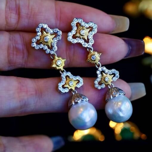 Natural pearl with zircon drop earrings sterling silver|Vintage Antique Pearl Studs Earrings gold|Handmade Art Deco Pearl Earrings Women - Image 8