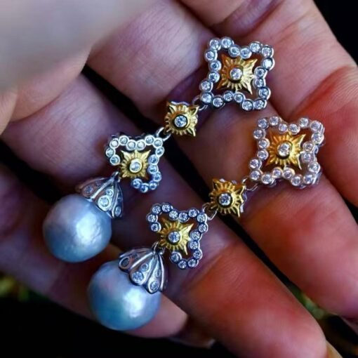 Natural pearl with zircon drop earrings sterling silver|Vintage Antique Pearl Studs Earrings gold|Handmade Art Deco Pearl Earrings Women - Image 5