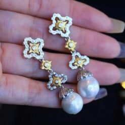 Natural pearl with zircon drop earrings sterling silver|Vintage Antique Pearl Studs Earrings gold|Handmade Art Deco Pearl Earrings Women