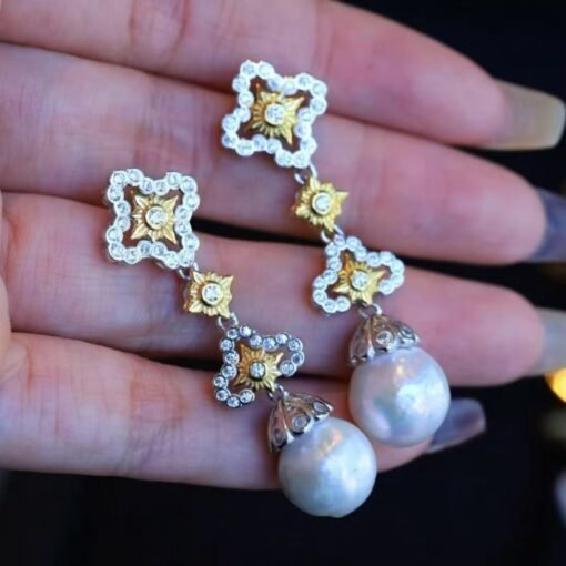 Natural pearl with zircon drop earrings sterling silver|Vintage Antique Pearl Studs Earrings gold|Handmade Art Deco Pearl Earrings Women