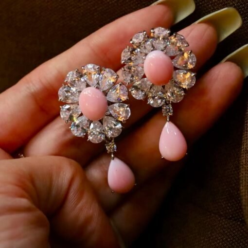 Natural Floral Pink Queen Conch Shell Stud earring silver|Art Deco Vintage Untreated Pink Gemstone Jewelry|Unique White Zircon Earring Women - Image 3