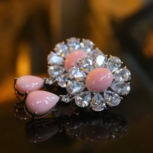 Natural Floral Pink Queen Conch Shell Stud earring silver|Art Deco Vintage Untreated Pink Gemstone Jewelry|Unique White Zircon Earring Women - Image 7