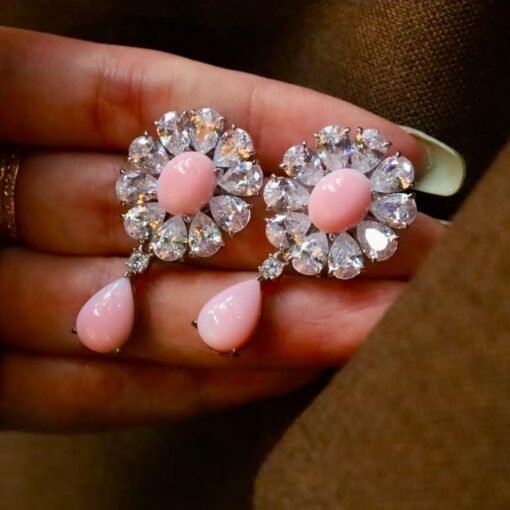 Natural Floral Pink Queen Conch Shell Stud earring silver|Art Deco Vintage Untreated Pink Gemstone Jewelry|Unique White Zircon Earring Women - Image 6
