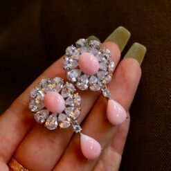 Natural Floral Pink Queen Conch Shell Stud earring silver|Art Deco Vintage Untreated Pink Gemstone Jewelry|Unique White Zircon Earring Women