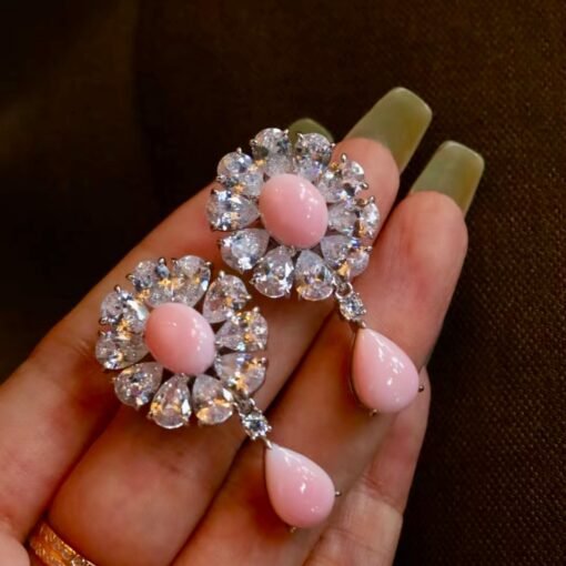 Natural Floral Pink Queen Conch Shell Stud earring silver|Art Deco Vintage Untreated Pink Gemstone Jewelry|Unique White Zircon Earring Women