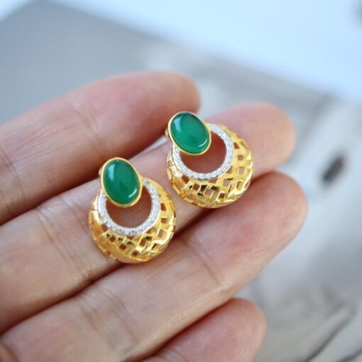Natural Chrysoprase Stud Earring Gold plated silver|Unique Chrysoprase Stud Earrings WomenVintage Gemstone earrings SilverMothers day gift - Image 2