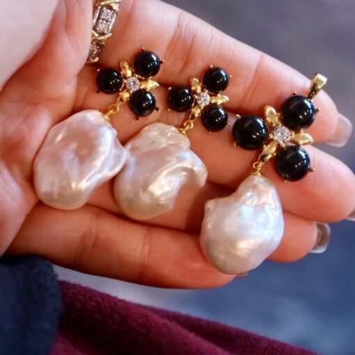 Natural baroque pearl Studs Earrings With Black Agate|Charm Pearl Jewelry Set|Dainty Pearl Pendant Women|Unique Pearl Earring - Image 6