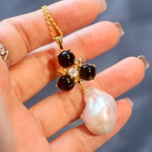Natural baroque pearl Studs Earrings With Black Agate|Charm Pearl Jewelry Set|Dainty Pearl Pendant Women|Unique Pearl Earring - Image 4