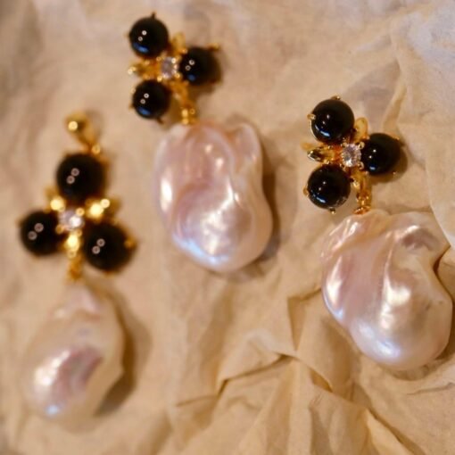 Natural baroque pearl Studs Earrings With Black Agate|Charm Pearl Jewelry Set|Dainty Pearl Pendant Women|Unique Pearl Earring - Image 7