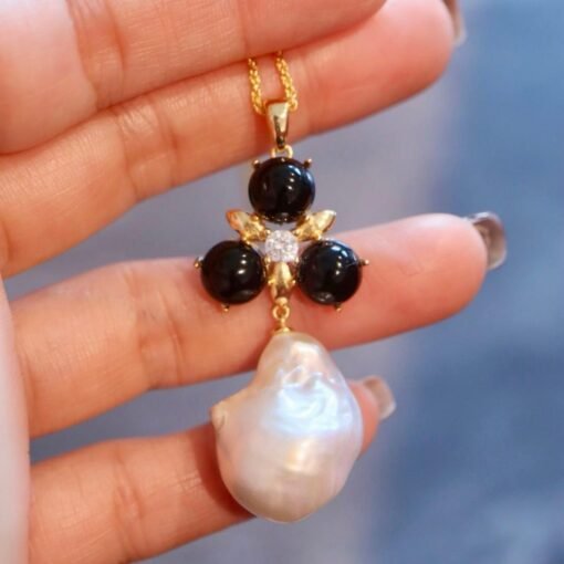 Natural baroque pearl Studs Earrings With Black Agate|Charm Pearl Jewelry Set|Dainty Pearl Pendant Women|Unique Pearl Earring - Image 8