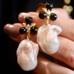 Natural baroque pearl Studs Earrings With Black Agate|Charm Pearl Jewelry Set|Dainty Pearl Pendant Women|Unique Pearl Earring
