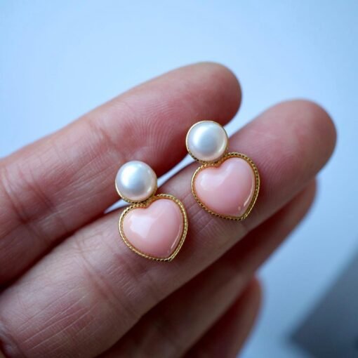 Natural Heart Pink Queen Conch Shell with pearl earring silver/Art Deco Trendy real pearl Jewelry|Unique Earring|Heart Stud Earrings - Image 7